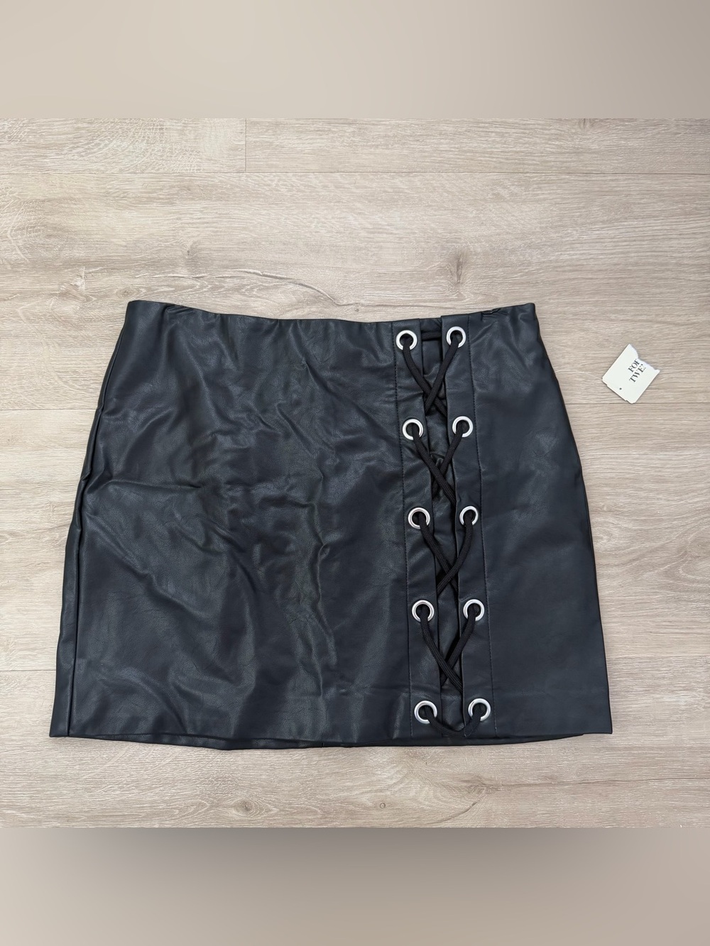 Forever 21 Black Faux Leather Mini Skirt with Lace-Up Detail